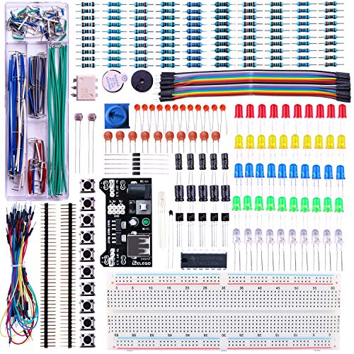 ELEGOO Kit Mejorado de Componentes Electrónicos con Módulo de Alimentación, Placa de Prototipos (Protoboard) de 830 Pines, Cables Puente, Potenciómetro, STM32, Raspberry Pi, para Arduino IDE