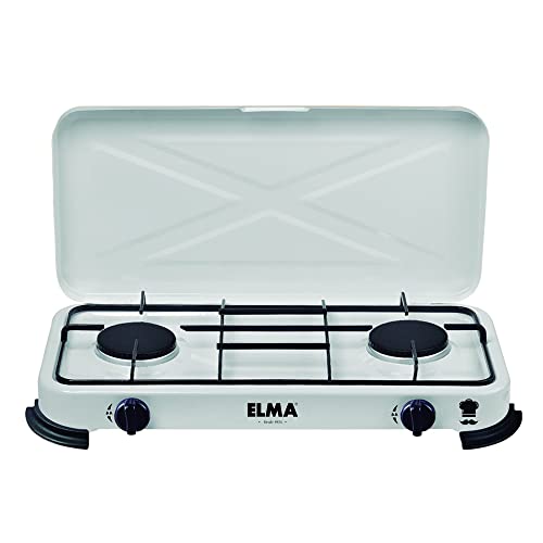 ELMA Cocina de Gas Portátil con 2 Fogones compatible con Gas Butano y Propano I Hornillo de Acampada I Incluye Instrucciones de Montaje I 58x25x5,4cm