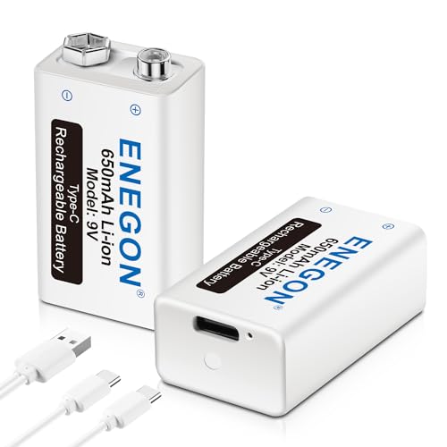 ENEGON 9V USB Directa Recargable Batería 650mAh Lito-Ion con Cable USB Type-C 2 en 1 para Micrófonos, Alarma de Humos, Juguetes electrónicos, Walkie Talkie y Más aparatos (2 Baterías)