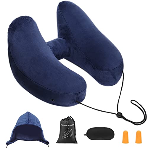 EPROICKS Almohada de Viaje Almohada Inflable de Viaje para Avión, Soporte de Cabeza y Cuello, con Sombrero y Bolsa con Cordón Portátil (Azul Marino)