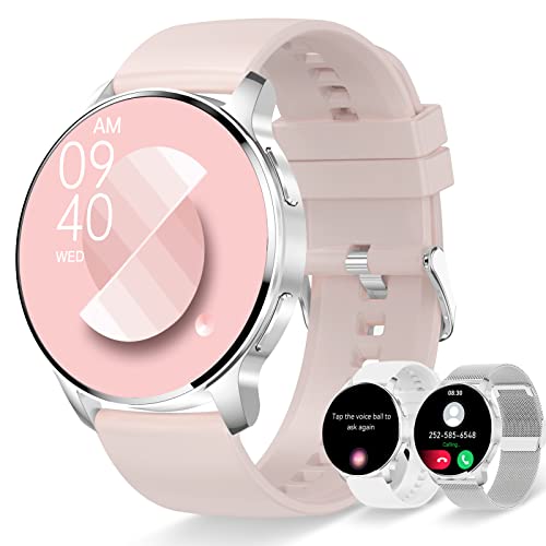 Erkwei Reloj Inteligente Mujer con Llamada y Asistente Voz Smartwatch Mujer para Android iOS 3 Correas Pulsera Actividad Podómetro Caloría Reloj Digital Monitor de Frecuencia Cardíaca Oxímetro Sueño