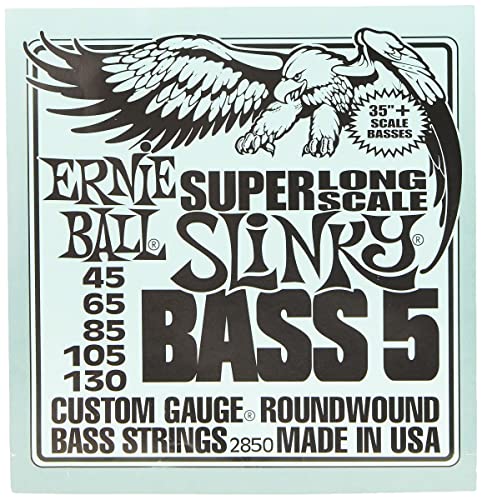 Ernie Ball Slinky P02850 - Cuerdas para bajo eléctrico de 5 cuerdas, escala superlarga, calibre 45-130