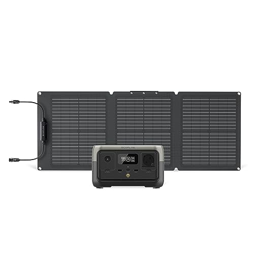 Estación de energía portátil EcoFlow River 2 con panel solar portátil de 60 W, batería LiFeP04, carga rápida de 256 Wh/1 hora, generador solar para acampar al aire libre/RV/hogar/balcón