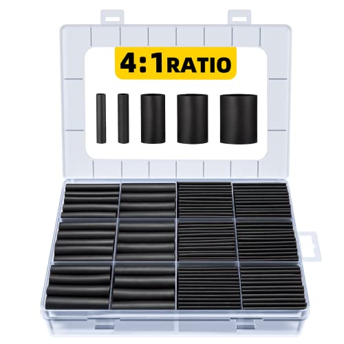 Eventronic Kit de tubos termorretráctiles 4:1, 196 piezas de Tubo Termorretráctil de Doble Pared - Revestimiento con Adhesivo -Impermeables - Tubos termorretráctiles marinos - Negro