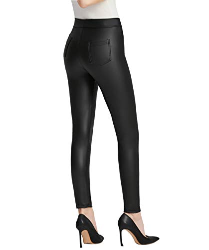 Everbellus Mujer Sexy Negro Leggins Cuero con Bolsillo Skinny Elástico Pantalón Small