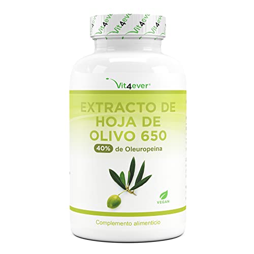 Extracto de hoja de olivo - 180 cápsulas con 650 mg cada una - Extracto de hoja de olivo con 40% de oleuropeína = 260 mg - Altamente dosificado - Vegano