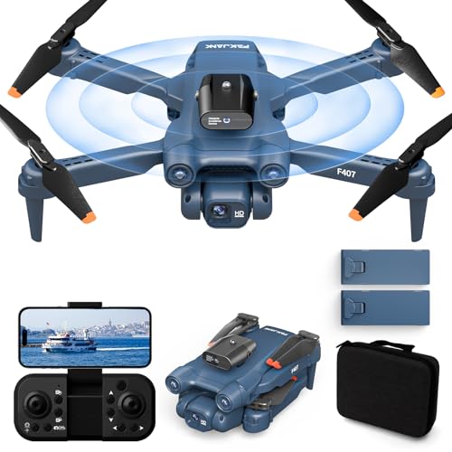 F407 Dron con Cámara Ligero y Plegable con Cámara 1080P HD Drones, WiFi FPV RC Quadcopter para Principiantes, Posicionamiento óptico de Flujo y Evasión Activa de Obstáculos de 360, 2 Baterías