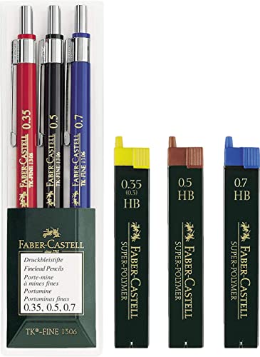 Faber-Castell 130622 TK-FINE Juego de portaminas (3 unidades, 0,35 mm, 0,5 mm y 0,7 mm), portaminas + 3 estuches con minas de recambio