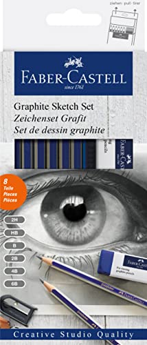 Faber-Castell FC114000 - Set grafito Creative Studio con 6 lápices Goldfaber, 2H, HB, B, 2B, 4B, 6B + afilalápices y goma, Multicolor