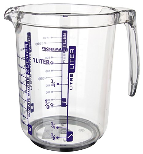 Fackelmann Jarra Medidora de Cocina, 1 litro de capacidad, con escala para medir líquidos, azúcar y harina, Plástico SAN Transparente. Medidas 17,5x12,5x16,5 cm, 1 ud