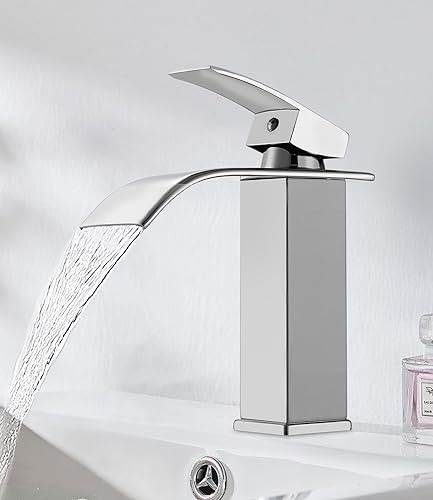 FAOKZE Grifo de lavabo cascada con Diseño Moderno, Ajustable para Agua Fría y Caliente, Acabado Cromado, Válvula de Cerámica.