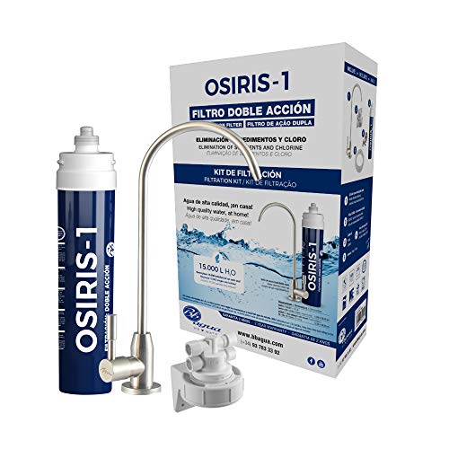 Filtro de agua bajo encimera de doble acción con grifo. Osiris-1. Incluye Filtro. Fácil Instalación y Mantenimiento. Reduce cloro, sabores y olores del agua. Bbagua.