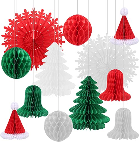 FINDIR 12PCS Decoraciones de Navidad Retro Diseño de Copo de Nieve 3 Colores Bolas de Panal Pom Abanico de Papel de Navidad 5 Formas Gorro Navideño Arbol de Navidad Copo de Nieve