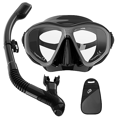Findway Gafas Buceo Adulto, Vidrio Templado Máscaras de Buceo y Dry Máscara Snorkel para Mujer Hombre, Anti-Fugas Anti UV, Negro Gris
