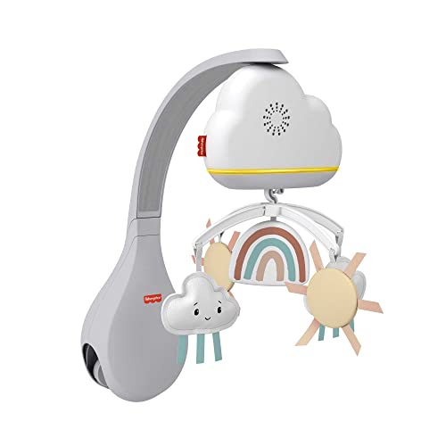 Fisher-Price Móvil lluvia y arcoíris para cuna, juguete para cuna con sonidos relajantes y luces para bebé recién nacido (Mattel HBP40)