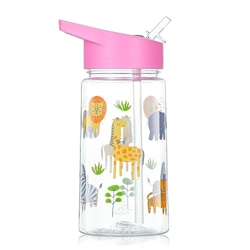 flintronic Botella de Agua Niños y Niñas, Niños Botellas Agua, Botella de Agua Pajita para Infantil, Sin BPA, Sin Fugas, Reutilizable, 450ml-animales rosados