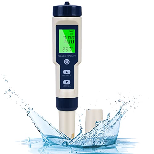 Flintronic Medidor de PH, 5 en 1 PH/TDS/EC/Salinidad/Temperatura Probador de Calidad del Agua, Pantalla LCD con Retroiluminación Verde, para Acuarios/Hidroponía/Piscina