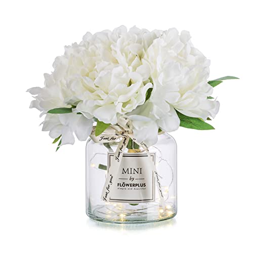Flores falsas blancas con jarrón: Blosmon pequeña decoración de mesa de centro para baño, peonía, flores falsas en jarrón, estante de escritorio de oficina, mesita de noche, decoración arreglo floral