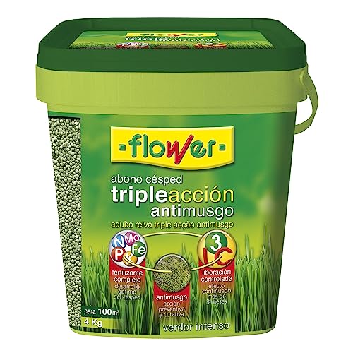 Flower - Abono Césped Triple Acción 4kg | Fertilizante Complejo Anti-Musgo | Efecto Prolongado Más de 3 Meses | Para 100m2, No Aplica Color, 20x20x20.7 cm, Material Abono