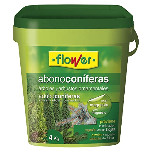 Flower - Abono Coníferas y Arbustos 4kg | Con Magnesio | Para Árboles y Arbustos Ornamentales | Previene Coloración Marrón de las Hojas, Color Único
