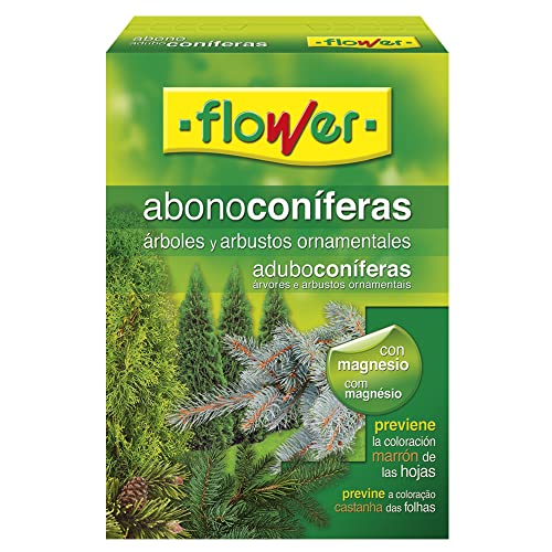 Flower - Abono Coníferas y Arbustos | Anti-Amarronamiento | Para 50 Plantas | Con Magnesio y Azufre | Para Árboles y Arbustos Ornamentales, No aplica, 7x18x25.5 cm, Abono sólido.
