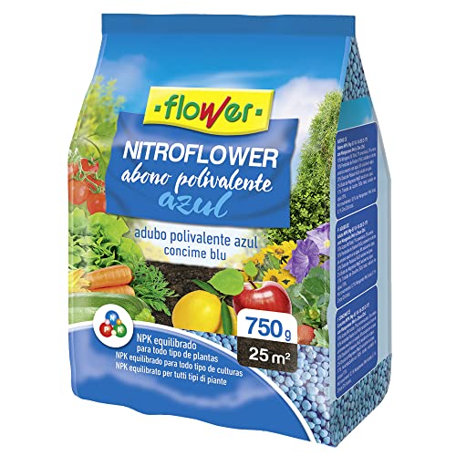 Flower - Abono Polivalente Nitroflower | Abono Universal Azul | Granulado Complejo | Equilibrado NPK | Para 25 m2, 750 gr, 13.5x3x25.5 cm, Abono sólido