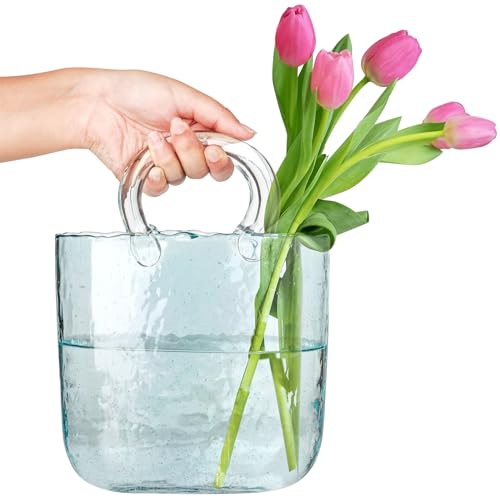 FNG8 Jarrones Decorativos Modernos de Cristal en Forma de Bolso - Jarrón Cristal Azul Claro Soplados a Mano con Estética de Burbujas de Agua para Flores, Frutas, Popurrí, Peces Pequeños, Dulces