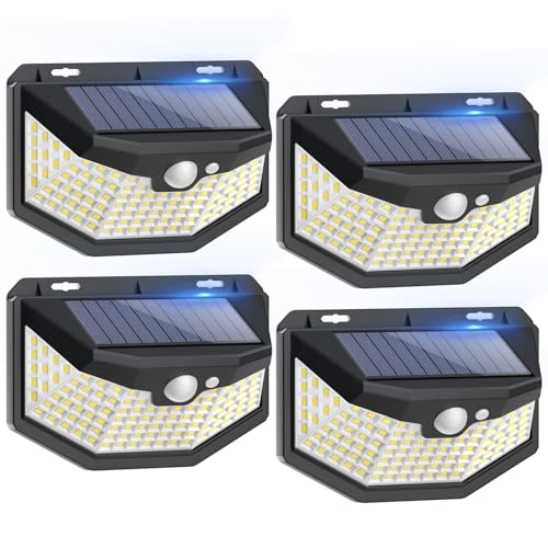 Focos LED Exterior Solares con Sensor de Movimiento IP67 Impermeable Luz Solar Exterior Jardin, Lampara Solar Exterior con Múltiples Superficies Iluminadas Para Exteriores Jardin, Garaje, 4 Paquete