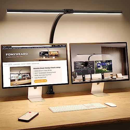 FOMYHEARD Lampara Escritorio LED de Doble Cabeza, 24W 80CM Lampara de Escritorio de Regulable con Abrazadera, 5 Temperaturas Color 5 Niveles Brillo, Protección Ocular Luz Monitor para Estudio,Oficina