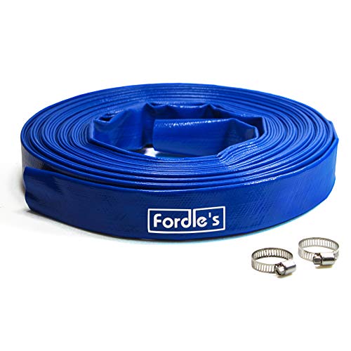 Fordle’s 20m x 25mm de Diámetro Tubo de Manguera de Descarga Layflat Compatible con Bomba de Agua Sumergible - PVC Azul Reforzado con Poliéster - Incluye 2 Clips