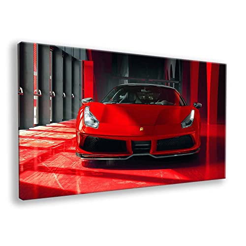 Foto de coche deportivo F1, color rojo brillante, brillante, brillante, diseño de supercoche, rápido y furioso, impreso en lienzo enmarcado y listo para colgar con fondo rojo (60 x 36 pulgadas)