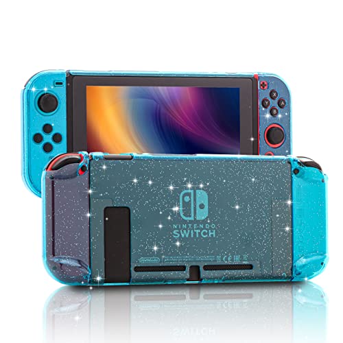 Funda con purpurina para Nintendo Switch, funda protectora para Nintendo Switch con protector de pantalla de vidrio templado y 6 cubiertas Joy Stick, cabe en la estación de muelle, color azul