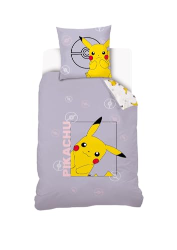 Funda nórdica Pikachu Pokémon 140 x 200 cm + 1 funda de almohada de 63 x 63 cm, 100% algodón, color morado