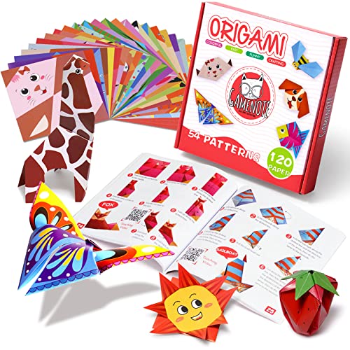 Gamenote color kit de origami para niños 120 archivo de origami vívido de doble cara 55 páginas que enseña libro de origami, adecuado para niños/clase de manualidades escolares