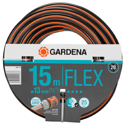 Gardena Manguera Comfort Flex de 13 mm, 1/2 pulgadas, Manguera de jardín flexible, Hecha de malla espiral de calidad, Presión 25 bar, Color Gris y Naranja, 15 m