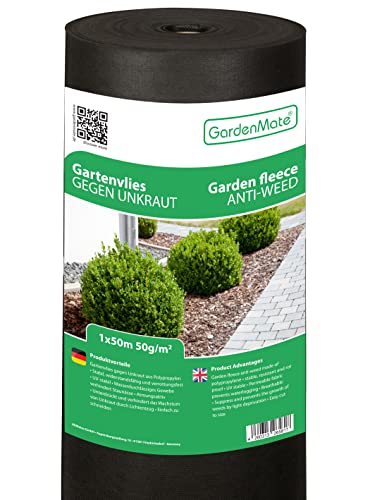 GardenMate Malla geotextil de 1 m x 50 m y 50 g/m² – Rollo de geotextil Resistente para Malas Hierbas – Estabilizada contra UV – Permeable al Agua – 1 m x 50 m = 50 m²
