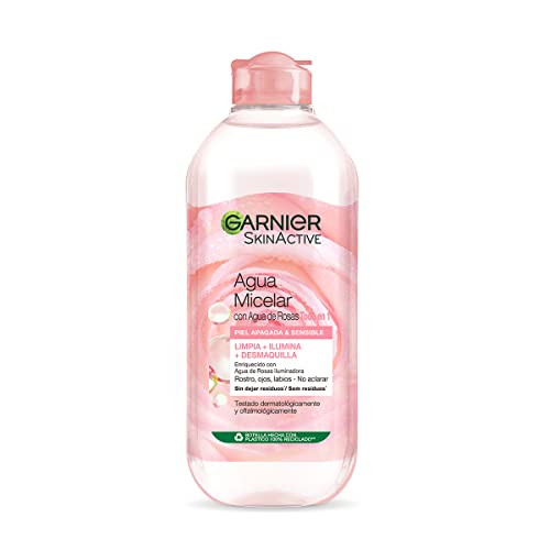 GARNIER Skin Active Agua Micelar con Agua de Rosas para Piel Apagada y Sensible, Desmaquilla, Limpia e Ilumina en un solo gesto, Apto para Rostro, Labios y Ojos, 400Mililitros