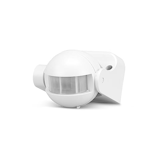 Garza - Detector de movimiento por infrarrojos orientable para interior y exterior, Protección IP44, Tiempo y luminosidad regulables, Ángulo detección 180º, Blanco
