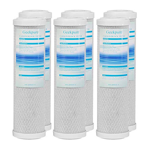 Geekpure cartucho de filtro de agua de bloque de carbono de coco 2,5 pulgadas x 10 pulgadas para eliminar el sabor al cloro, 5 micrón, paquete de 6