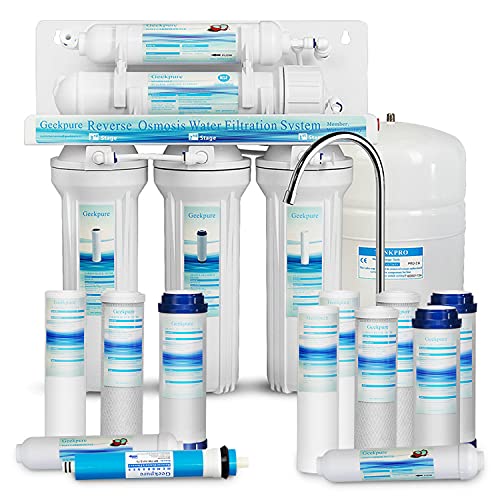 Geekpure Sistema de filtro de agua potable de ósmosis inversa de 5 etapas más 7 filtros de repuesto adicionales-75gpd