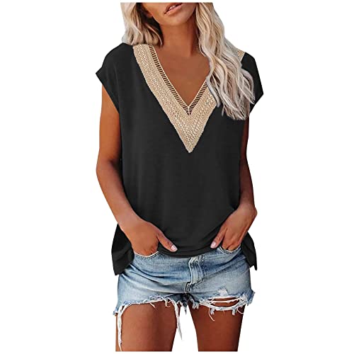 Genérico 2024 Plan - Gorra para mujer manga verano Tops moda Tank Tops Floral Print Lace V cuello suelto Fit Camisetas accesorio Siesta, Le Noir, XL