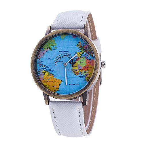 Gierzijia Reloj de pulsera con esfera de mapa del mundo, reloj de cuarzo con correa retro, regalo para tu familia y amigos, Blanco, Talla única, Casual