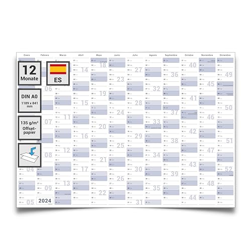 Gigatime ® Din A0 1 x Calendario de Pared XL 2024 Planificador Anual Tamaño: 118,8 x 84,0cm - plegado - Wall Planner, Annual Calendar, Calendar, Poster - Espanol