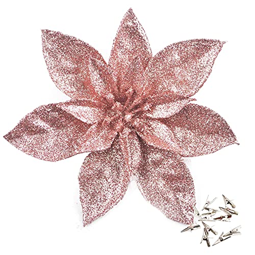 GL-Turelfies - 12 flores de Navidad con purpurina (6.3 pulgadas) con 12 clips, flores artificiales de Pascua para árbol de Navidad, adornos de árbol de Navidad (oro rosa)
