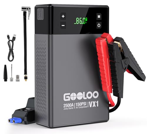 GOOLOO VX1 Arrancador de Baterias de Coche con Compresor de Aire, 2500A Booster Arrancador Coche 12 V con Relleno Digital de Neumáticos de 150 PSI, para 8.5L de Gasolina o 6.0L de Diésel
