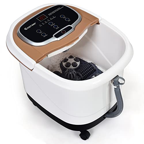 GOPLUS Masajeador de pies con ruedas, masajeador eléctrico de pies con función de masaje y ducha ajustable, placa de masaje extraíble, bañera de pies 10-60 min / 35-48 °C / 220-240 V / 15 L (marrón)