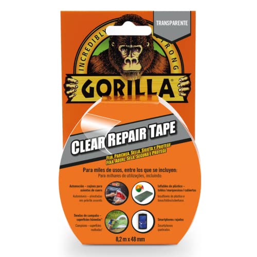 Gorilla Tape – Cinta Americana Transparente, 8,2m x 48mm | Pega Incluso Bajo al Agua | Alta Resistencia y Flexible | No Amarillea a la Intemperie