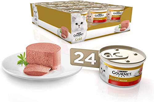 Gourmet Purina Gold Mousse, Comida Húmeda para Gato con Buey, 24 latas de 85g