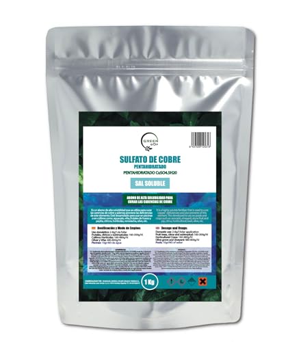GREEN GOF Sulfato de Cobre cúprico CuSO, 1 Kg. Sal Soluble. Fungicida de Origen Natural. Abono para curar las carencias de cobre. Uso en Piscinas, Plantas y Cultivos.