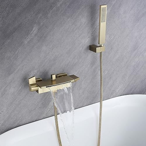 Grifo de bañera cascada grifo de bañera todo cobre pared cascada ducha caliente y fría grifo de bañera (oro cepillado)